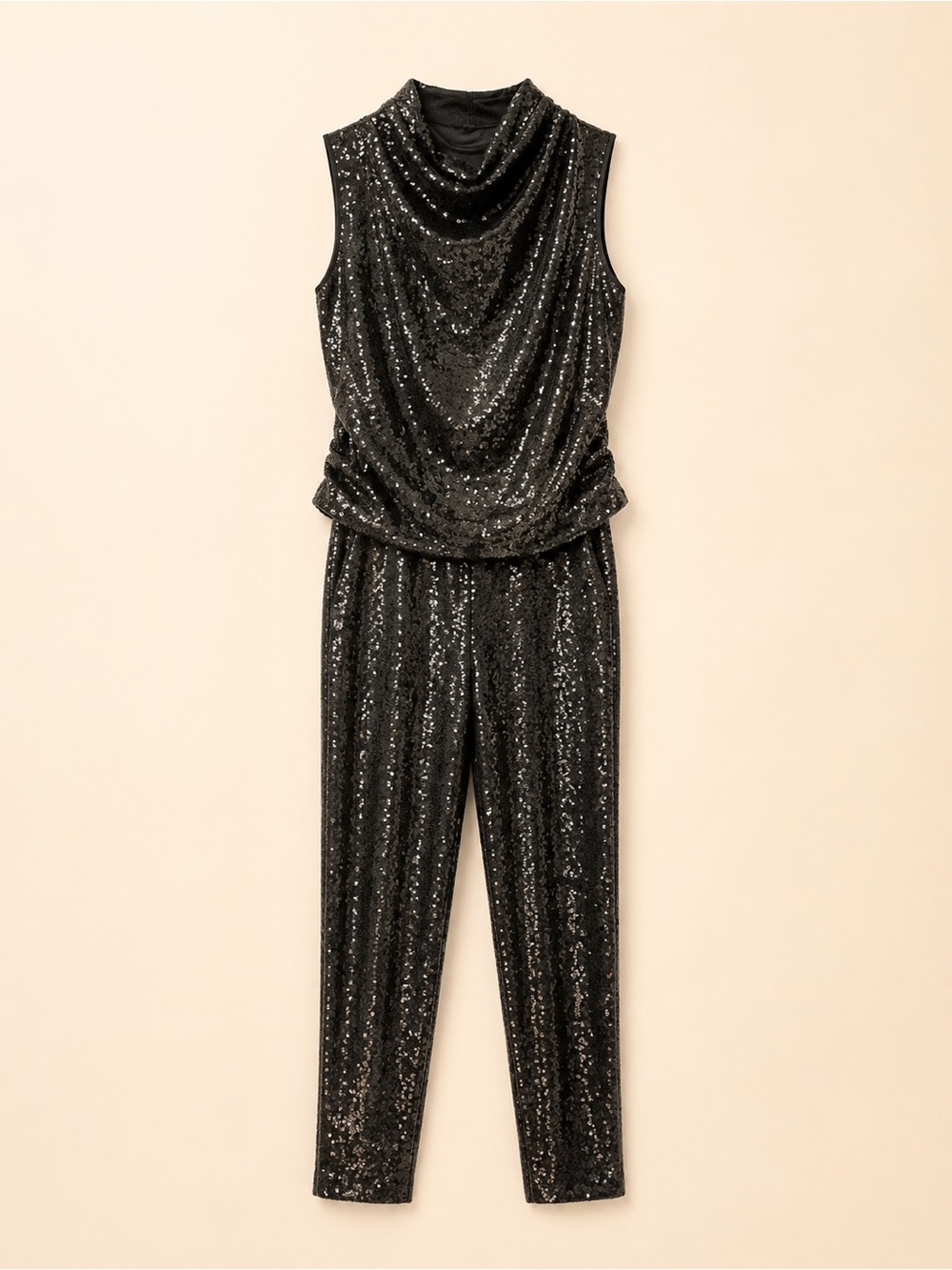Sleeveless Black Sequin Cowl-Neck Top and Pants Set. Size Medium